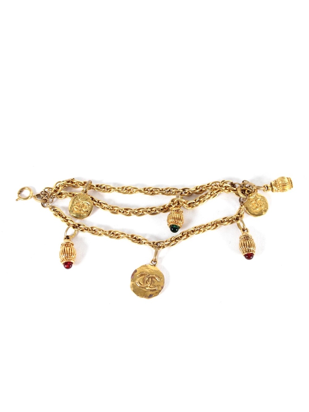CHANEL Gold-Tone Double Chain Charm Bracelet with Red and Green Bead Drops